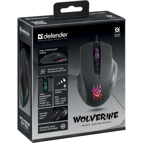 Defender Проводная игровая мышь Wolverine GM-700L RGB,7кнопок,12800dpi Defender Проводная игровая мышь Wolverine GM-700L RGB,7кнопок,12800dpi