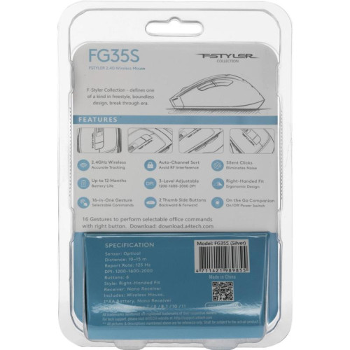 Мышь A4Tech Fstyler FG35S серебристый/белый оптическая 2000dpi silent беспров. USB 5but (FG35S USB SILVER)