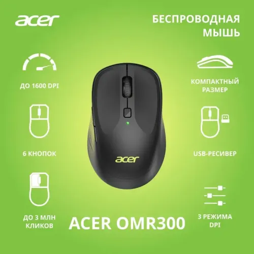 Мышь компьютерная Беспроводная мышь ACER OMR300 оптическая (1600dpi) беспроводная (6but) black