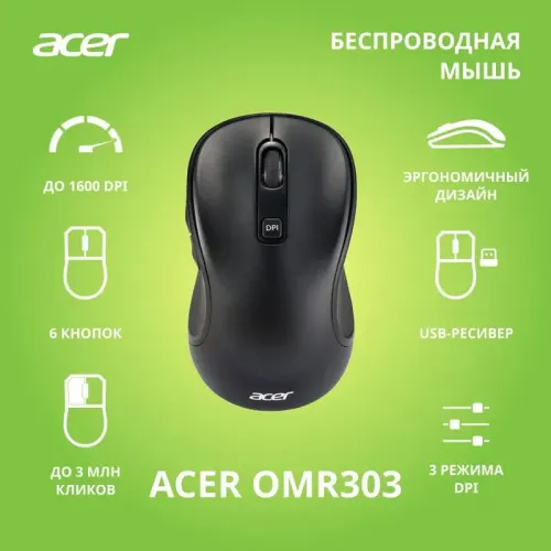 Мышь компьютерная Беспроводная мышь ACER OMR303 оптическая (1600dpi) беспроводная (6but) black