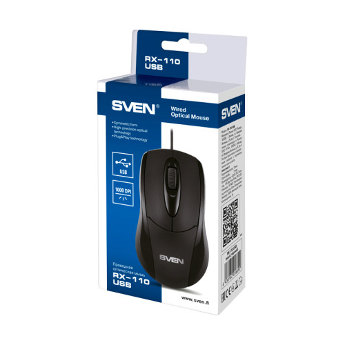 Мышь SVEN RX-110 USB чёрная (2+1кл. 1000DPI, цвет. картон, каб. 1,5м)