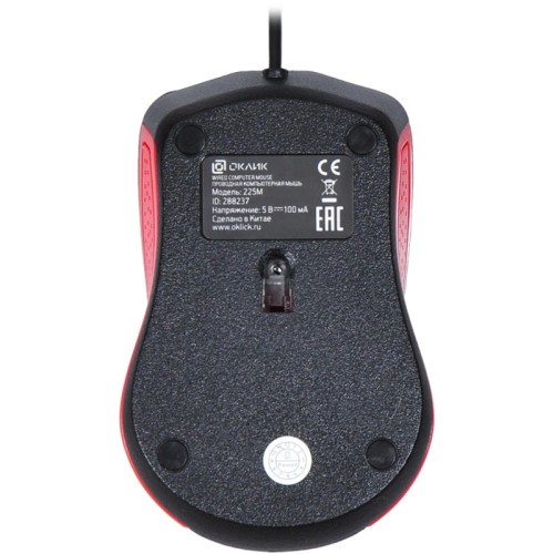 Мышь Oklick 225M черный/красный оптическая 1200dpi USB для ноутбука 3but (288237)