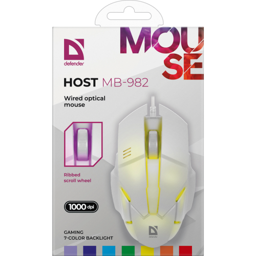Defender Проводная оптическая мышь Host MB-982 7цветов,1000 dpi,белый Defender Проводная оптическая мышь Host MB-982 7цветов,1000 dpi,белый