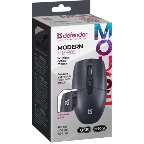 Defender Беспроводная оптическая мышь Modern MB-985 черный,4D,800-1600dpi,бесшумн Defender Беспроводная оптическая мышь Modern MB-985 черный,4D,800-1600dpi,бесшумн