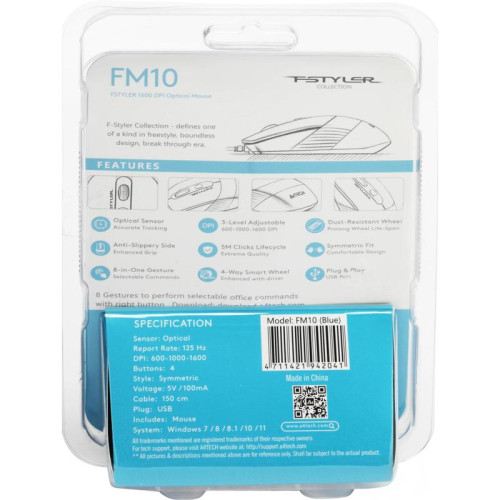 Мышь A4Tech Fstyler FM10 черный/синий оптическая 1600dpi USB 4but (FM10 BLUE)