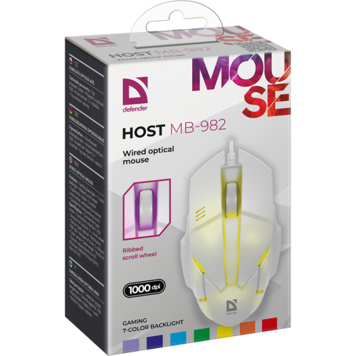 Defender Проводная оптическая мышь Host MB-982 7цветов,1000 dpi,белый Defender Проводная оптическая мышь Host MB-982 7цветов,1000 dpi,белый