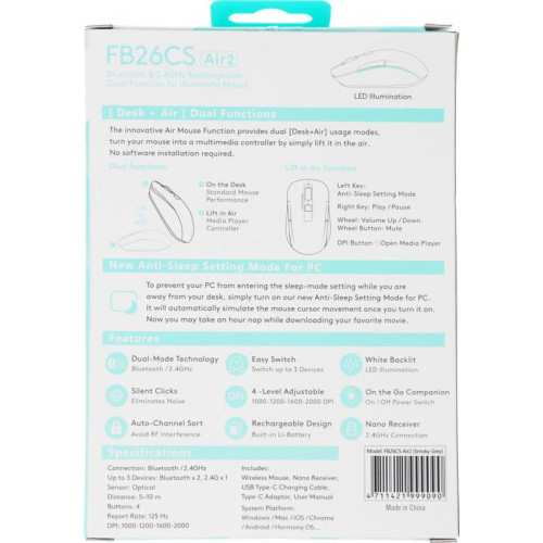 Мышь A4Tech Fstyler FB26CS Air2 серый/черный оптическая 2000dpi silent беспров. BT/Radio USB для ноутбука 4but (FB26CS AIR2 SMOKY GREY)