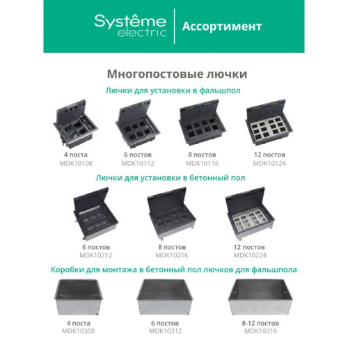 Люк/ Люк MultiDeS на 12 модулей IP40 для фальшпола с монтажной коробкой тип MDK10 Люк/ Люк MultiDeS на 12 модулей IP40 для фальшпола с монтажной коробкой тип MDK10