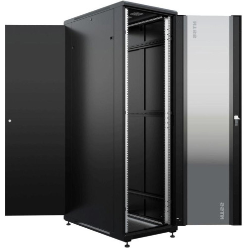 Шкаф серверный NTSS Премиум (NTSS-R42U80100GS-BL) напольный 42U 800x1000мм пер.дв.стекл металл 900кг черный 910мм 160кг 1987мм IP20 сталь