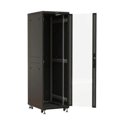 Шкаф серверный Hyperline (TTBR-4261-AS-RAL9004) напольный 42U 600x1000мм пер.дв.стекл задн.дв.спл.стал.лист 2 бок.пан. 800кг черный 910мм 2055мм IP20 сталь