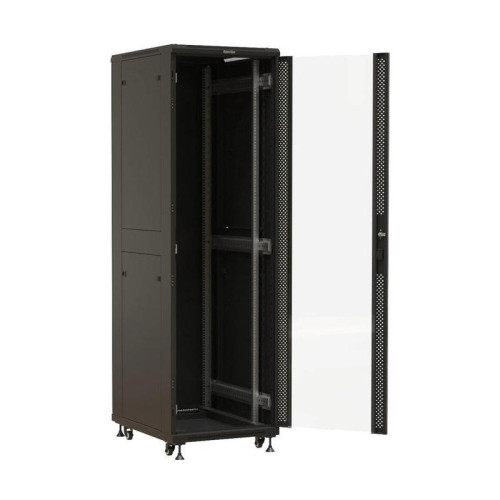 Шкаф серверный Hyperline (TTBR-4261-AS-RAL9004) напольный 42U 600x1000мм пер.дв.стекл задн.дв.спл.стал.лист 2 бок.пан. 800кг черный 910мм 2055мм IP20 сталь