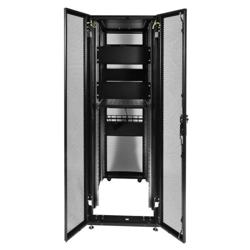 Шкаф серверный ЦМО (ШТК-СП-42.6.10-44АА-9005) напольный 42U 600x990мм пер.дв.перфор. задн.дв.перфор. 2 бок.пан. направл.под закл.гайки 1350кг черный 690мм 139кг 120град. 1950мм IP20 сталь с силовыми розетками укомплектованный