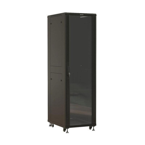 Шкаф серверный Hyperline (TTBR-4261-AS-RAL9004) напольный 42U 600x1000мм пер.дв.стекл задн.дв.спл.стал.лист 2 бок.пан. 800кг черный 910мм 2055мм IP20 сталь