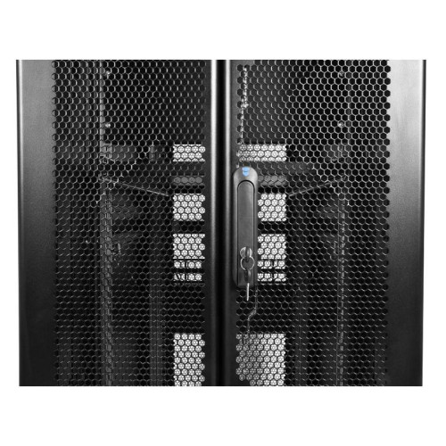 Шкаф серверный ЦМО (ШТК-СП-42.6.10-44АА-9005) напольный 42U 600x990мм пер.дв.перфор. задн.дв.перфор. 2 бок.пан. направл.под закл.гайки 1350кг черный 690мм 139кг 120град. 1950мм IP20 сталь с силовыми розетками укомплектованный