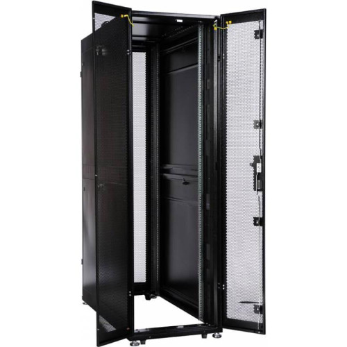 Шкаф серверный ЦМО (ШТК-СП-42.6.10-44АА-9005) напольный 42U 600x990мм пер.дв.перфор. задн.дв.перфор. 2 бок.пан. направл.под закл.гайки 1350кг черный 690мм 139кг 120град. 1950мм IP20 сталь с силовыми розетками укомплектованный