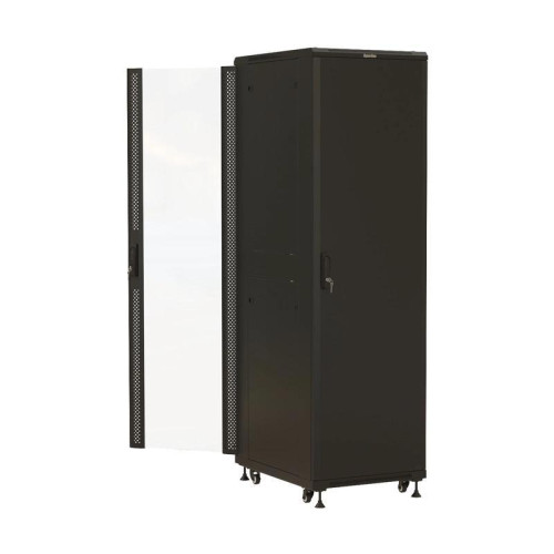 Шкаф серверный Hyperline (TTBR-4261-AS-RAL9004) напольный 42U 600x1000мм пер.дв.стекл задн.дв.спл.стал.лист 2 бок.пан. 800кг черный 910мм 2055мм IP20 сталь