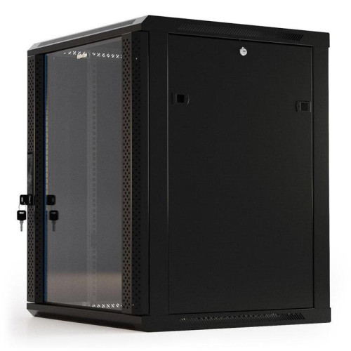 Шкаф коммутационный Hyperline (TWB-1866-GP-RAL9004) настенный 18U 600x600мм пер.дв.стекл 2 бок.пан. 60кг черный 908мм IP20 сталь