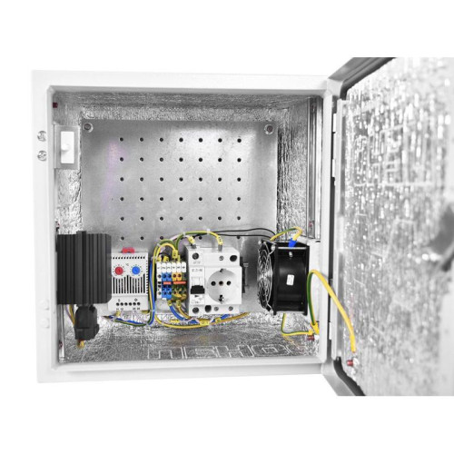 Шкаф монтажный ЦМО Эконом (ШТВ-НЭ-4.4.21-3ВВА-Т1) настенный 400x210мм пер.дв.стал.лист задн.дв.спл.стал.лист несъемн.бок.пан. серый 180мм 400мм IP54 уличный всепогодный с вентилятором с нагревателем с силовыми розетками укомплектованный 60Вт