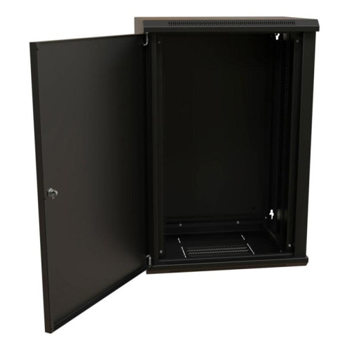 Шкаф коммутационный WRline (WR-TW-1845-SR-RAL9004) настенный 18U 600x450мм пер.дв.металл 2 бок.пан. направл.под винты 60кг черный 370мм 908мм IP20 сталь