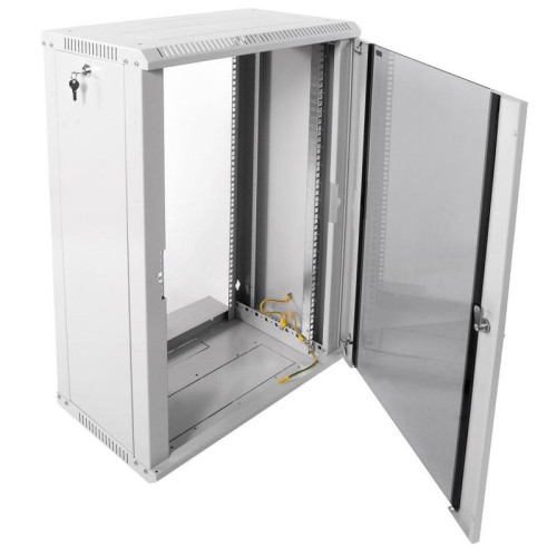 Шкаф коммутационный ЦМО ШРН-ЭКОНОМ (ШРН-Э-18.350) настенный 18U 600x350мм пер.дв.стекл направл.под закл.гайки 85кг серый 300мм 22.14кг 180град. 878мм IP20 сталь