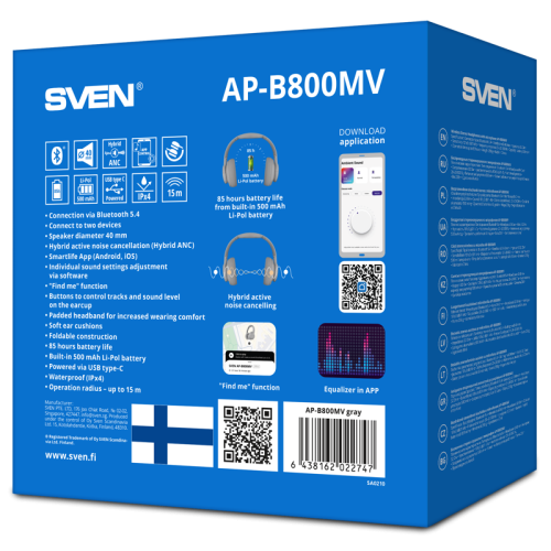 Беспроводные стереонаушники с микрофоном SVEN AP-B800MV, серый (Bluetooth, hybrid ANC, APP, 4 mics 500mAh)