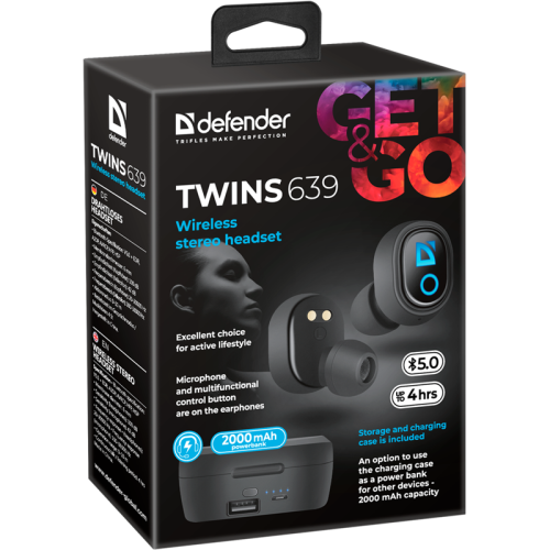 Defender Беспроводная гарнитура Twins 639 черный,TWS, PB, Bluetooth