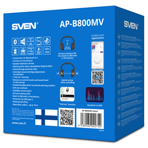 Беспроводные стереонаушники с микрофоном SVEN AP-B800MV, черный (Bluetooth, hybrid ANC, APP, 4 mics 500mAh)