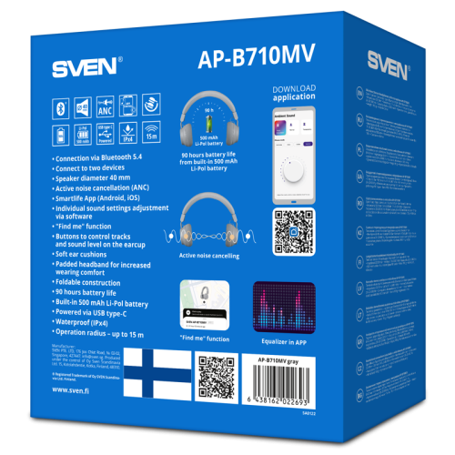 Беспроводные стереонаушники с микрофоном SVEN AP-B710MV, серый (Bluetooth, ANC, APP, 3 mics, 500mAh)