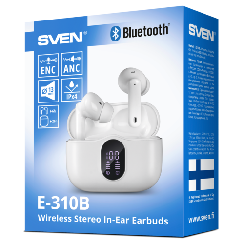 Беспроводные внутриканальные наушники с микрофоном SVEN E-310B, белый (Bluetooth, TWS, ANC, ENC, APP)