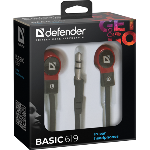 Defender Наушники вставки Basic 619 черный + красный