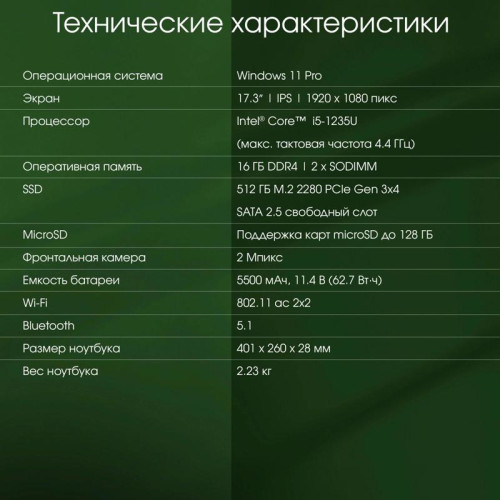 Ноутбук Digma Pro Fortis M Core i5 1235U 16Gb SSD512Gb Intel Iris Xe graphics 17.3