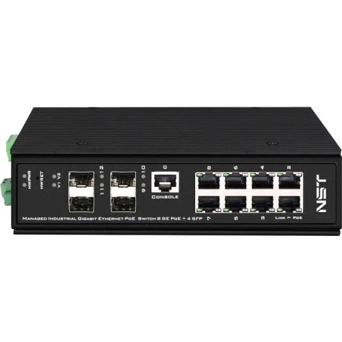 Промышленный управляемый (L2+) HiPoE коммутатор Gigabit Ethernet на 8GE PoE + 4 GE SFP порта с функцией мониторинга температуры/ влажности/ напряжения. Порты: 1 x GE (10/100/1000Base-T) с PoE BT (до 90W) + 7 x GE (10/100/1000Base-T) с PoE (до 30W) + 4 x G