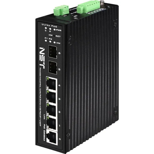 Промышленный управляемый (L2+) HiPoE коммутатор Gigabit Ethernet на 4GE PoE + 2 GE SFP порта с функцией мониторинга температуры/ влажности/ напряжения. Порты: 1 x GE (10/100/1000Base-T) с PoE BT (до 90W) + 3 x GE (10/100/1000Base-T) с PoE (до 30W) + 2 x G