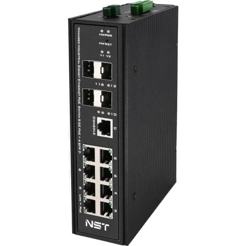 Промышленный управляемый (L2+) Ultra PoE коммутатор Gigabit Ethernet на 8GE PoE + 4 GE SFP порта с функцией мониторинга температуры/ влажности/ напряжения. Порты: 8 x GE (10/100/1000Base-T) с PoE BT (до 90W) + 4 x GE SFP (1000Base-X). Уровень управления L