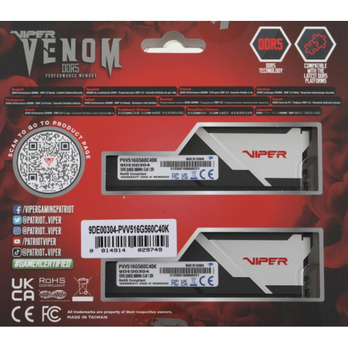 Память DDR5 2x8Gb 5600MHz Patriot PVV516G560C40K Viper Venom RTL Gaming PC5-44800 CL40 DIMM 288-pin 1.25В kit с радиатором Ret