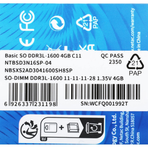 Оперативная память DDR3L 4Gb 1600MHz Netac NTBSD3N16SP-04 Basic RTL PC3-12800 CL11 SO-DIMM 204-pin 1.35В single rank Ret [NTBSD3N16SP-04]