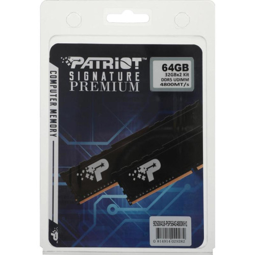 Память DDR5 2x32GB 4800MHz Patriot PSP564G4800KH1 Signature Premium RTL PC5-38400 CL40 DIMM 288-pin 1.1В kit single rank с радиатором Ret