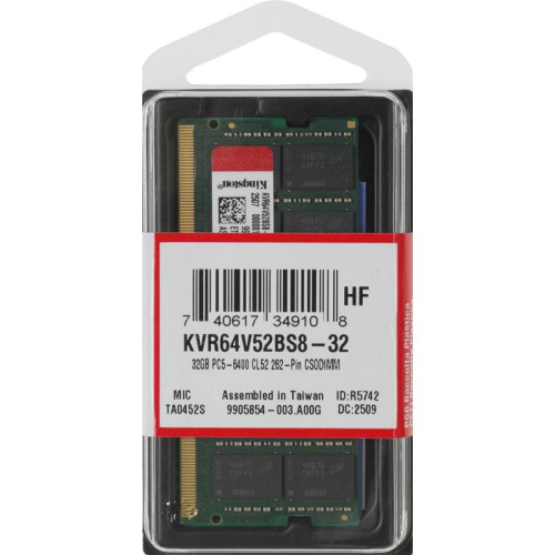 Оперативная память DDR5 32GB 6400MHz Kingston KVR64V52BS8-32 Valueram RTL PC5-51200 CL52 SO-DIMM 262-pin 1.1В single rank Ret