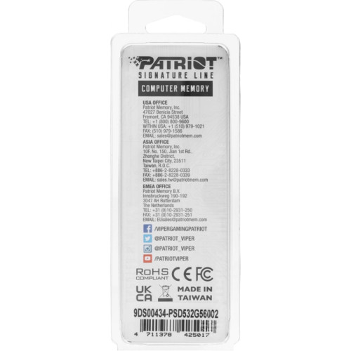 Оперативная память DDR5 32GB 5600MHz Patriot PSD532G56002 Signature RTL PC5-44800 CL46 DIMM 288-pin 1.1В dual rank Ret [PSD532G56002]