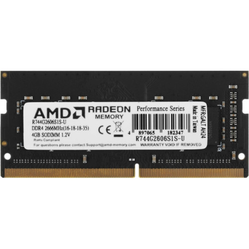 Оперативная память DDR4 4Gb 2666MHz AMD R744G2606S1S-U Radeon R7 Performance Series RTL PC4-21300 CL16 SO-DIMM 260-pin 1.2В Ret [R744G2606S1S-U]