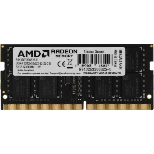 Оперативная память DDR4 32Gb 3200MHz AMD R9432G3206S2S-U R9 RTL PC4-25600 CL22 SO-DIMM 260-pin 1.2В Ret [R9432G3206S2S-U]