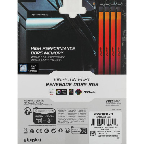Оперативная память DDR5 24GB 7200MHz Kingston KF572C38RSA-24 Fury Renegade Silver/Black RGB RTL Gaming PC5-57600 CL38 DIMM 288-pin 1.45В single rank с радиатором Ret [KF572C38RSA-24]