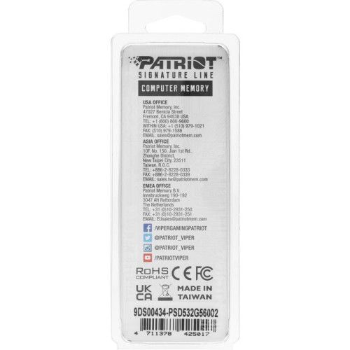 Оперативная память DDR5 32GB 5600MHz Patriot PSD532G56002 Signature RTL PC5-44800 CL46 DIMM 288-pin 1.1В dual rank Ret [PSD532G56002]