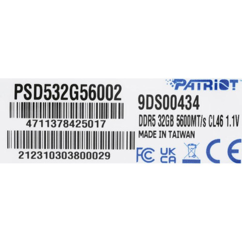 Оперативная память DDR5 32GB 5600MHz Patriot PSD532G56002 Signature RTL PC5-44800 CL46 DIMM 288-pin 1.1В dual rank Ret [PSD532G56002]