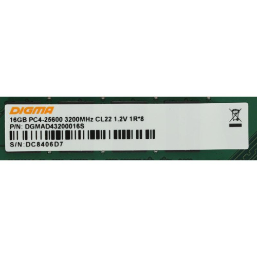 Оперативная память DDR4 16Gb 3200MHz Digma DGMAD43200016S RTL PC4-25600 CL22 DIMM 288-pin 1.2В single rank Ret [DGMAD43200016S]