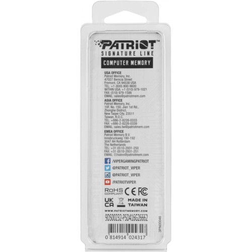 Память DDR4 16GB 2666MHz Patriot PSD416G26662 Signature RTL PC4-21300 CL19 DIMM 288-pin 1.2В single rank Ret
