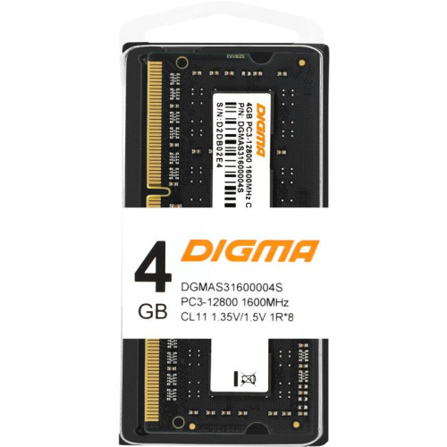 Оперативная память DDR3 4GB 1600MHz Digma DGMAS31600004S RTL PC3-12800 CL11 SO-DIMM 204-pin 1.35В single rank Ret [DGMAS31600004S]