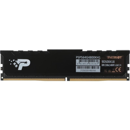 Память DDR5 2x32GB 4800MHz Patriot PSP564G4800KH1 Signature Premium RTL PC5-38400 CL40 DIMM 288-pin 1.1В kit single rank с радиатором Ret