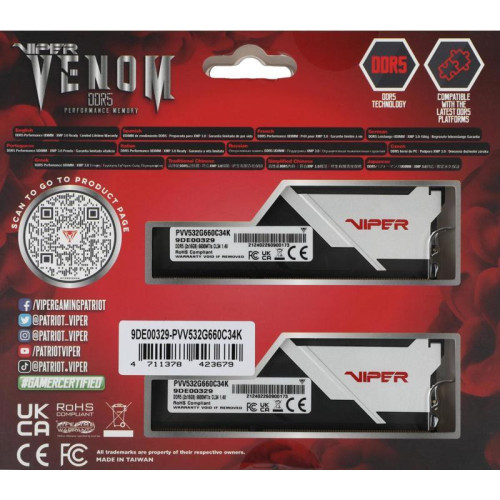 Оперативная память DDR5 2x16Gb 6600MHz Patriot PVV532G660C34K Viper Venom RTL Gaming PC5-52800 CL34 DIMM 288-pin 1.4В kit с радиатором Ret [PVV532G660C34K]