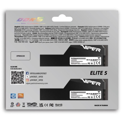 Оперативная память DDR5 2x32GB 6000MHz Patriot VEU564G6028K Viper Elite 5 Ultra RTL Gaming PC5-48000 CL28 DIMM 288-pin 1.4В kit single rank с радиатором Ret